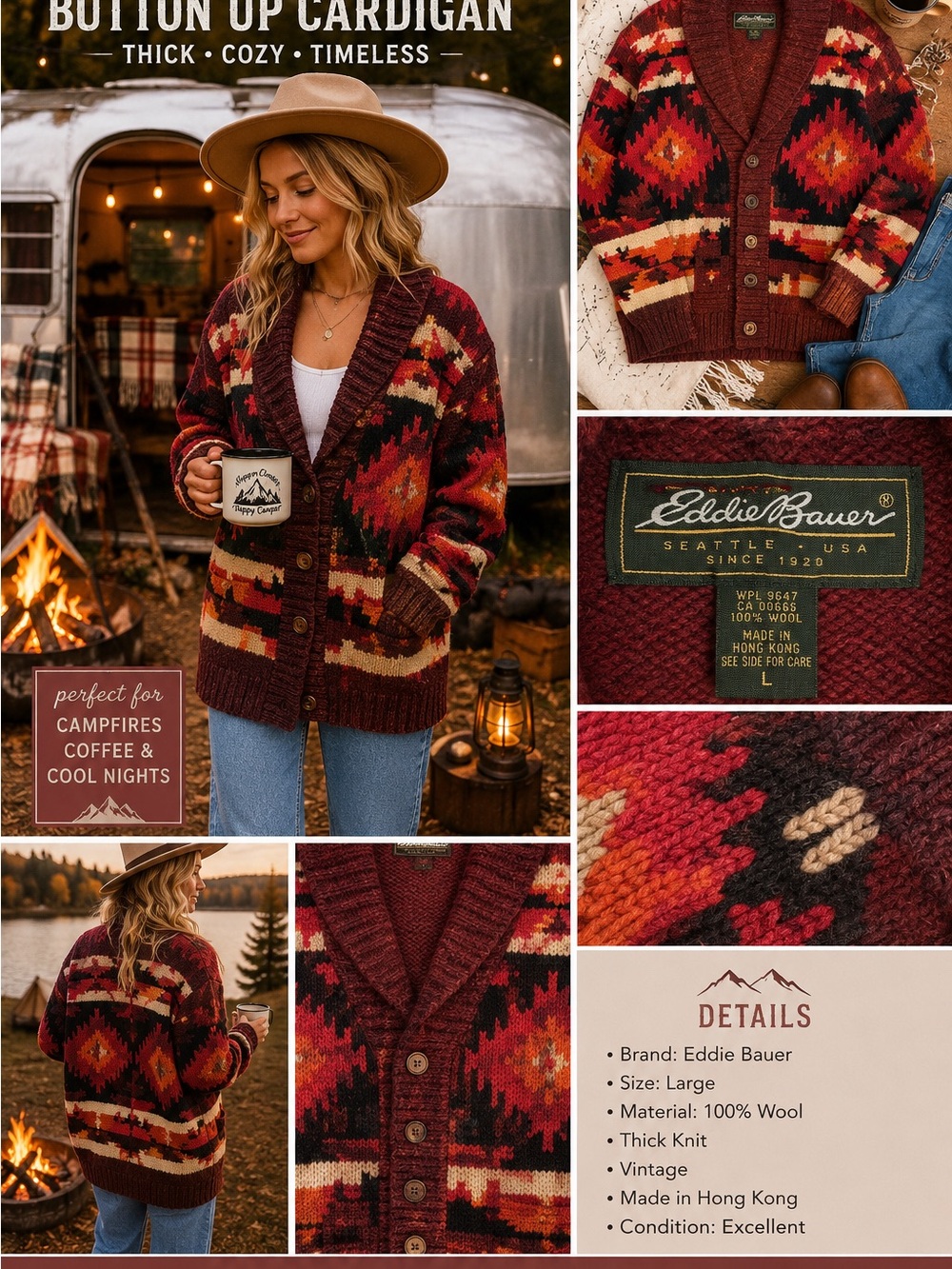Eddie Bauer Maroon Red Aztec Wool Button-Up Cardigan VINTAGE